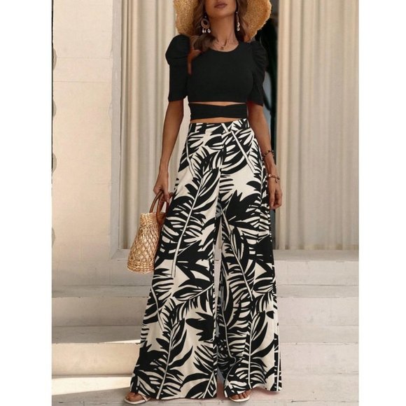 Black Boho Coord set tie Back Tee & Tropical Print Wide Leg Pants - Picture 5 of 7